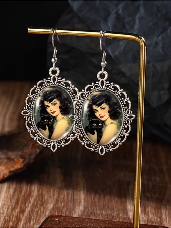Jewelry - Vintage-Style Silver Portrait Drop Earrings in Black and Green